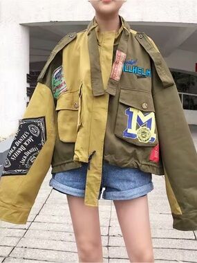 Army Green Short Jacket Cropped Streetwear Patches Jean Denim